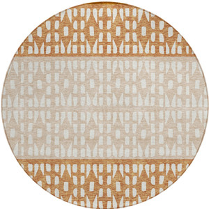 8' Orange Beige And Ivory Round Geometric Washable Indoor Outdoor Area Rug