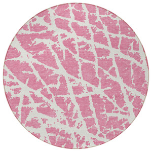 8' Round Pink and Ivory Round Abstract Washable Non Skid Indoor Outdoor Area Rug