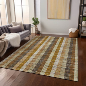 8' X 10' Wheat Ivory And Brown Plaid Washable Indoor Outdoor Area Rug