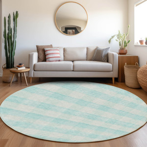 8' Aqua And Ivory Round Plaid Washable Indoor Outdoor Area Rug