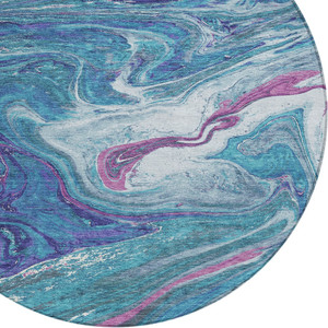 8' Teal Blue Purple And Pink Round Abstract Washable Indoor Outdoor Area Rug