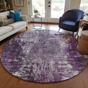 8' Eggplant Purple And Lavender Round Abstract Washable Indoor Outdoor Area Rug