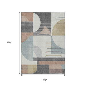 8' X 10' Rust Gray And Ivory Geometric Washable Indoor Outdoor Area Rug