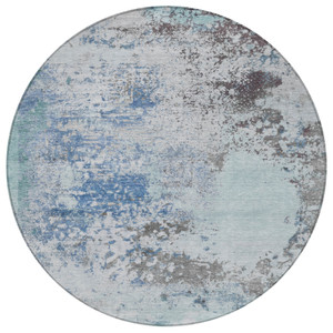 8' Turquoise Denim Blue And Gray Round Abstract Washable Indoor Outdoor Area Rug