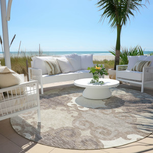 8' Taupe Beige And Gray Round Trellis Washable Indoor Outdoor Area Rug