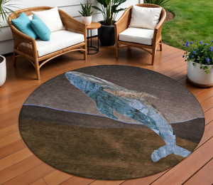 8' Brown And Denim Blue Round Animal Print Washable Indoor Outdoor Area Rug