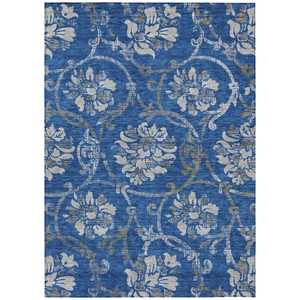 9' X 12' Navy Blue And Silver Floral Washable Indoor Outdoor Area Rug