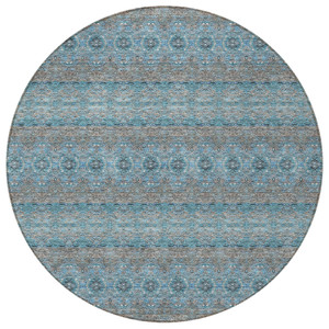 8' Teal Blue Aqua And Gray Round Floral Medallion Washable Indoor Outdoor Area Rug