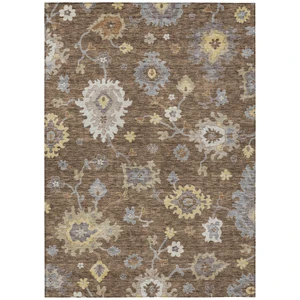8' X 10' Chocolate Taupe And White Floral Washable Indoor Outdoor Area Rug