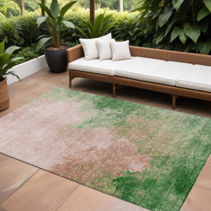 9' X 12' Pink And Green Abstract Washable Indoor Outdoor Area Rug