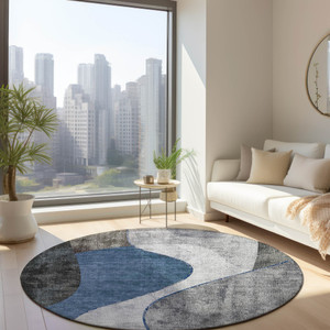 8' Denim Blue And Sky Blue Round Abstract Washable Indoor Outdoor Area Rug Transitional Style - Denim Blue, Sky Blue Color