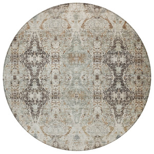 8' Linen Black And Brown Round Floral Washable Indoor Outdoor Area Rug