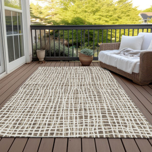 8' X 10' Brown Beige And Ivory Striped Washable Indoor Outdoor Area Rug