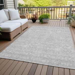 8' X 10' Silver Gray And Ivory Floral Washable Indoor Outdoor Area Rug