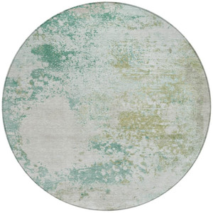 8' Beige Teal Blue And Ivory Round Abstract Washable Indoor Outdoor Area Rug - Beige, Teal Blue, Ivory