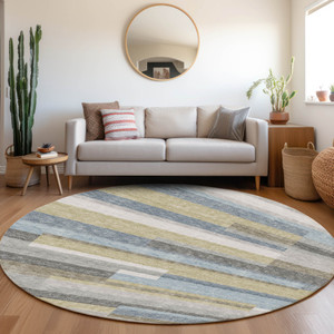 8' Gray Denim Blue And Sky Blue Round Striped Washable Indoor Outdoor Area Rug