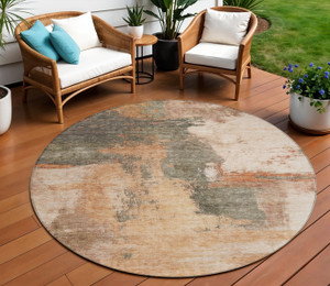 8' Terra Cotta Gray And Brown Round Abstract Washable Indoor Outdoor Area Rug
