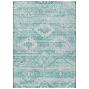 10' X 14' Aqua Turquoise And Ivory Southwestern Washable Indoor Outdoor Area Rug