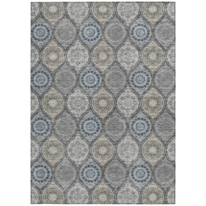 9' X 12' Gray Ivory And Navy Blue Floral Medallion Washable Indoor Outdoor Area Rug