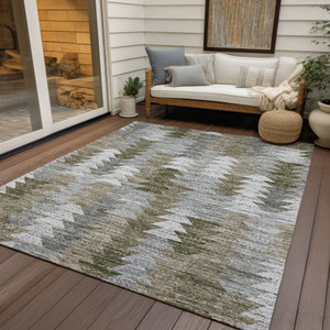 9' X 12' Brown Beige And Gray Geometric Washable Indoor Outdoor Area Rug