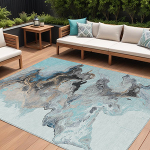 9' X 12' Teal Blue Gold And Gray Abstract Washable Indoor Outdoor Area Rug