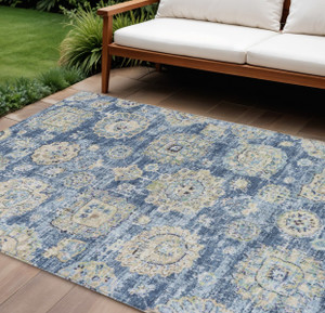 10' X 14' Navy Blue And Beige Floral Washable Indoor Outdoor Area Rug