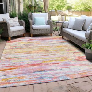 8' X 10' Coral And Yellow Abstract Washable Indoor Outdoor Area Rug