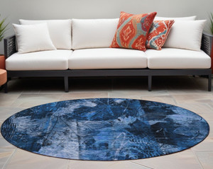 8' Round Navy Blue Round Floral Washable Non Skid Indoor Outdoor Area Rug