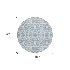 8' Denim Blue And Ivory Round Damask Washable Indoor Outdoor Area Rug