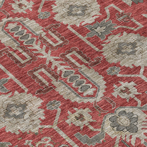 9' X 12' Red Beige And Charcoal Oriental Washable Indoor Outdoor Area Rug