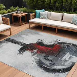10' X 14' Gray Charcoal And Red Abstract Washable Indoor Outdoor Area Rug