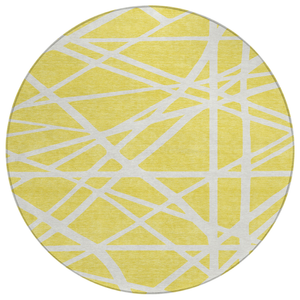 8' Yellow And Linen Round Geometric Washable Indoor Outdoor Area Rug