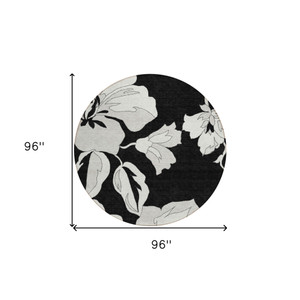 8' Black Gray And Silver Round Floral Washable Indoor Outdoor Area Rug