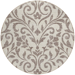 8' Taupe And Ivory Round Floral Washable Indoor Outdoor Area Rug