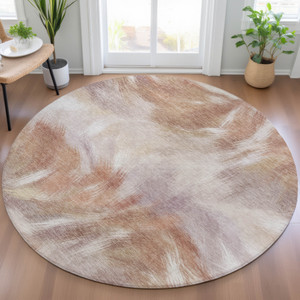 8' Copper And Ivory Round Abstract Washable Indoor Outdoor Area Rug - 880016665628