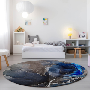 8' Blue Round Abstract Washable Indoor Outdoor Area Rug
