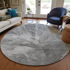 8' Gray Silver And Charcoal Round Abstract Washable Indoor Outdoor Area Rug Transitional Style - Gray, Silver, Charcoal Color