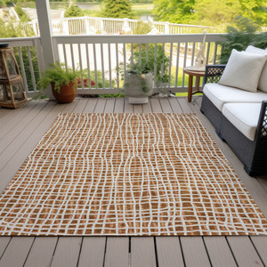 8' X 10' Orange Beige And Copper Striped Washable Indoor Outdoor Area Rug