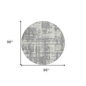 8' Gray And Ivory Round Abstract Washable Indoor Outdoor Area Rug Transitional Style - Gray, Ivory Color