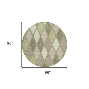 8' Artichoke Green Beige And Ivory Round Geometric Washable Indoor Outdoor Area Rug