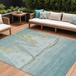 8' X 10' Teal Blue And Gold Nautical Washable Indoor Outdoor Area Rug