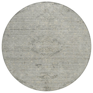 8' Pewter And Beige Round Floral Washable Indoor Outdoor Area Rug