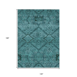 10' X 14' Teal Blue And Aqua Floral Washable Indoor Outdoor Area Rug Transitional Style - Teal Blue, Aqua Color