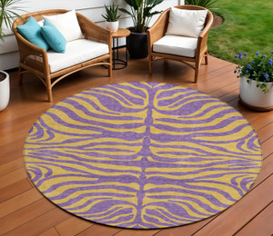 8' Purple And Copper Round Animal Print Washable Indoor Outdoor Area Rug