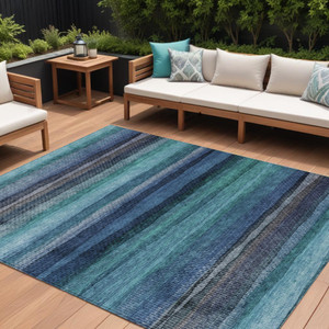 8' X 10' Teal Blue Aqua And Navy Blue Striped Washable Indoor Outdoor Area Rug