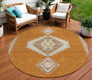 8' Copper Brown And Ivory Round Oriental Washable Indoor Outdoor Area Rug