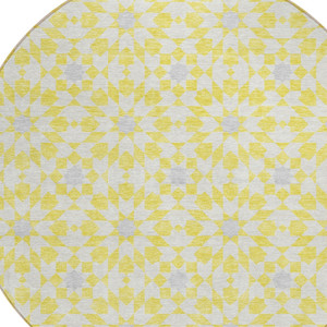 8' Yellow Ivory And Gray Round Floral Medallion Washable Indoor Outdoor Area Rug
