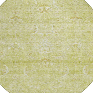 8' Artichoke Green And Ivory Round Damask Washable Indoor Outdoor Area Rug