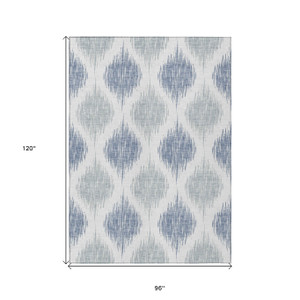 8' X 10' Sky Blue Ivory And Denim Blue Ikat Washable Indoor Outdoor Area Rug