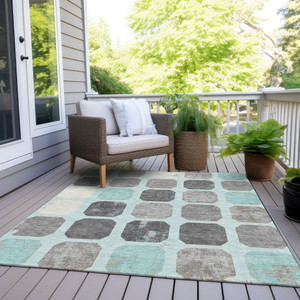8' X 10' Teal Blue Gray And Ivory Geometric Washable Indoor Outdoor Area Rug - Teal Blue, Gray, Ivory